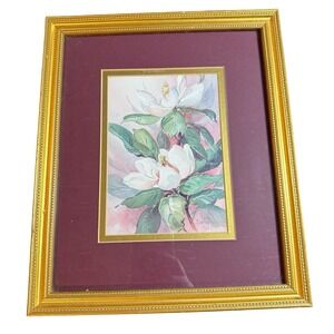 Vintage Barbara Mock White Floral Magnolia Print Gold Framed Wall Art 10x12 Sign